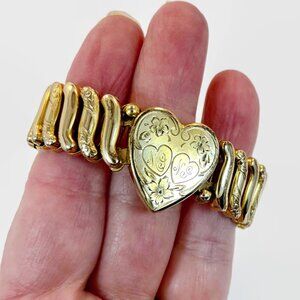 Vintage, Sweetheart Bracelet, Heart, Expansion Bracelet, GF, Gold Filled, Etched